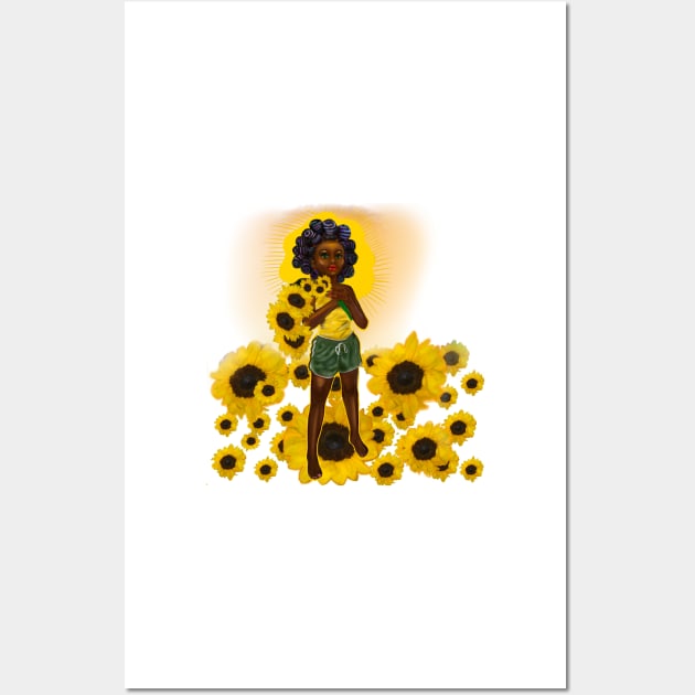 Anime Afro anime sunflower wielding warrior princess with Bantu knots - beautiful girl with Afro hair, brown eyes and dark brown skin Wall Art by Artonmytee